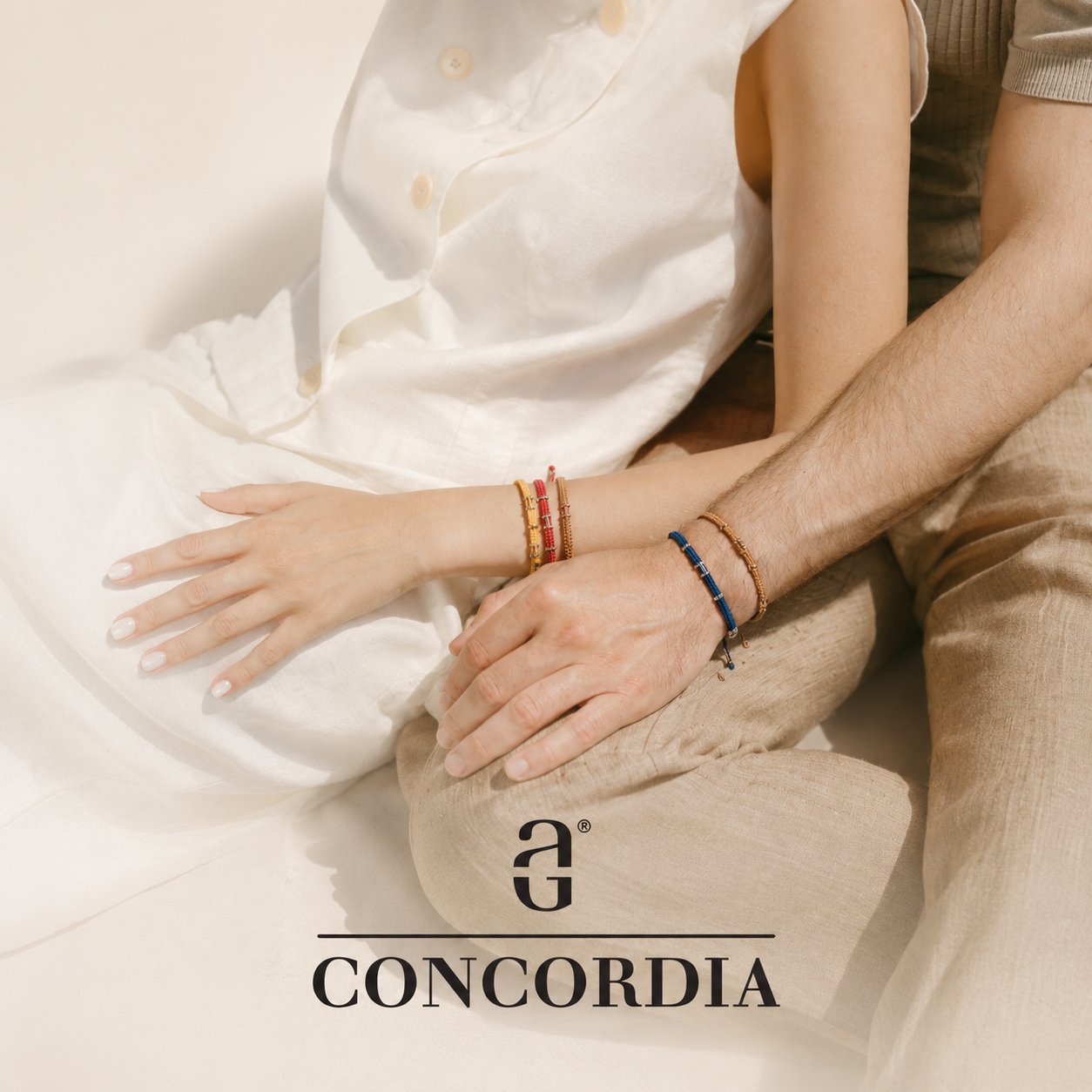 Concordia hand-woven bracelets worn seaside — Italian jewellery