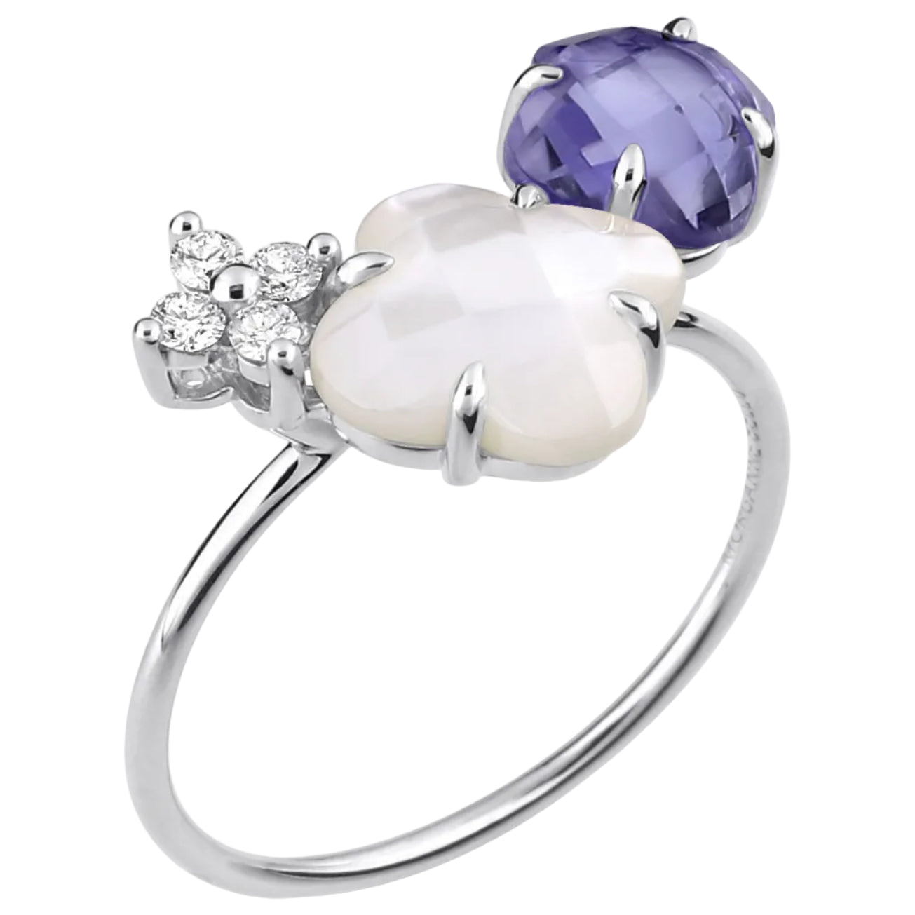 Morganne Bello – Ring Bouquet, Perlmutt & Iolith, Diamanten, 18K Weißgold